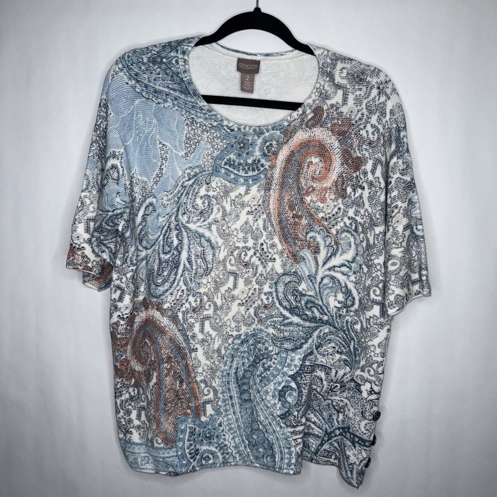 Chicos Paisley Side Button Pullover Top Womens Size 2 Rayon 3/4 Sleeve